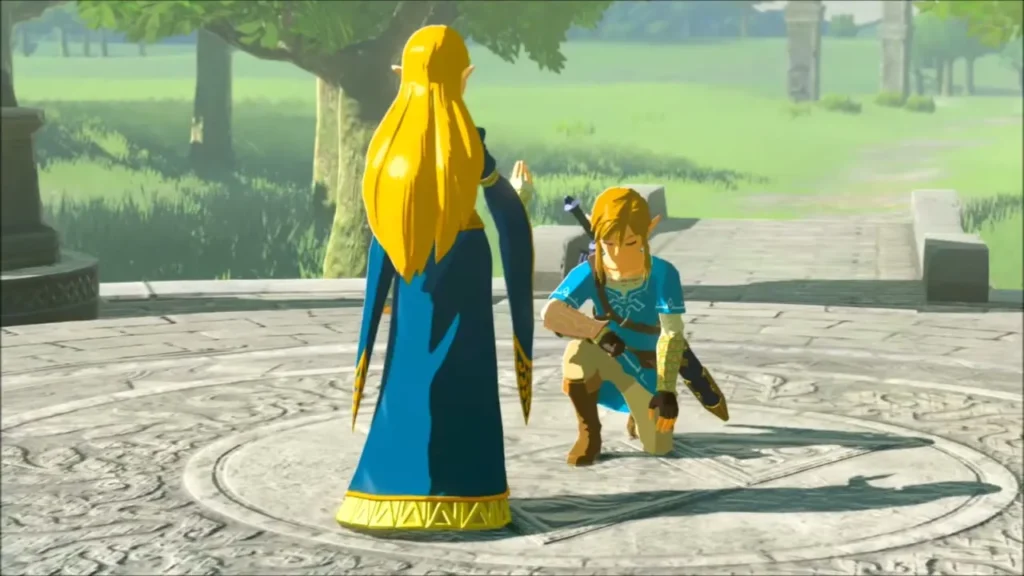 Zelda stands before kneeling Link on the stone dais in the memory cutscene Zelda stands before kneeling Link on the stone dais in the memory cutscene