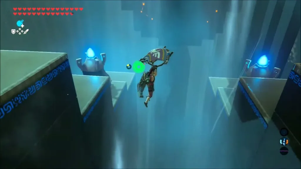 Link gliding upward between ledges with blue lamps in the shrine's wind shaft Link gliding upward between ledges with blue lamps in the shrine's wind shaft