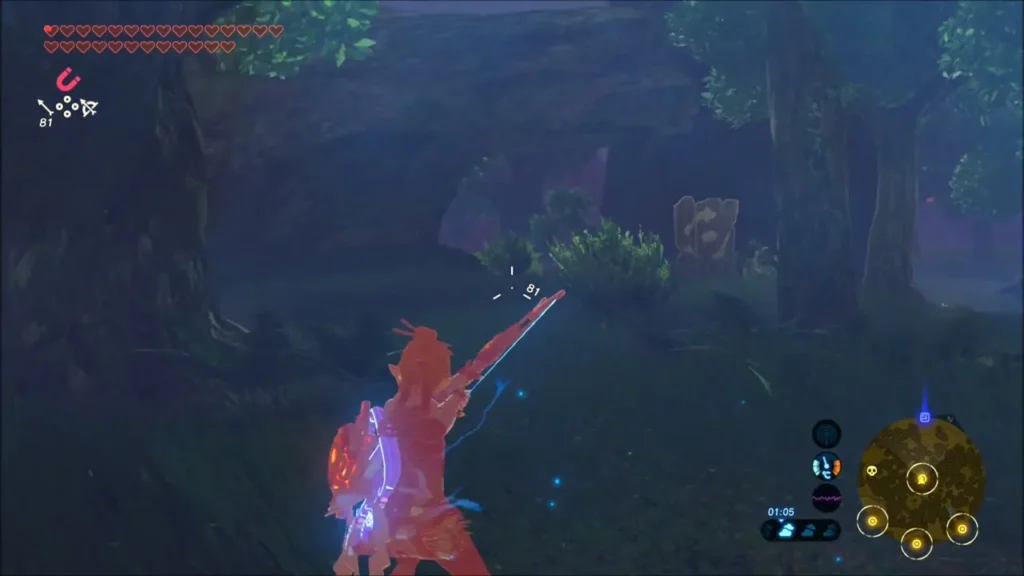 Link aiming a bow through the dark forest toward the camp Link aiming a bow through the dark forest toward the camp