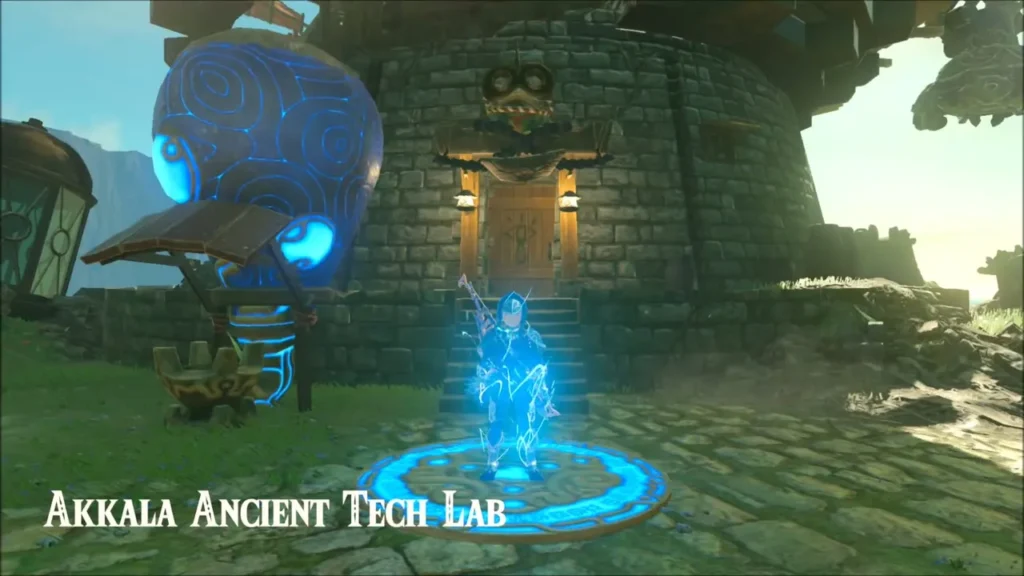 Link arriving at the Akkala Ancient Tech Lab beside its blue Guardian-style tower Link arriving at the Akkala Ancient Tech Lab beside its blue Guardian-style tower