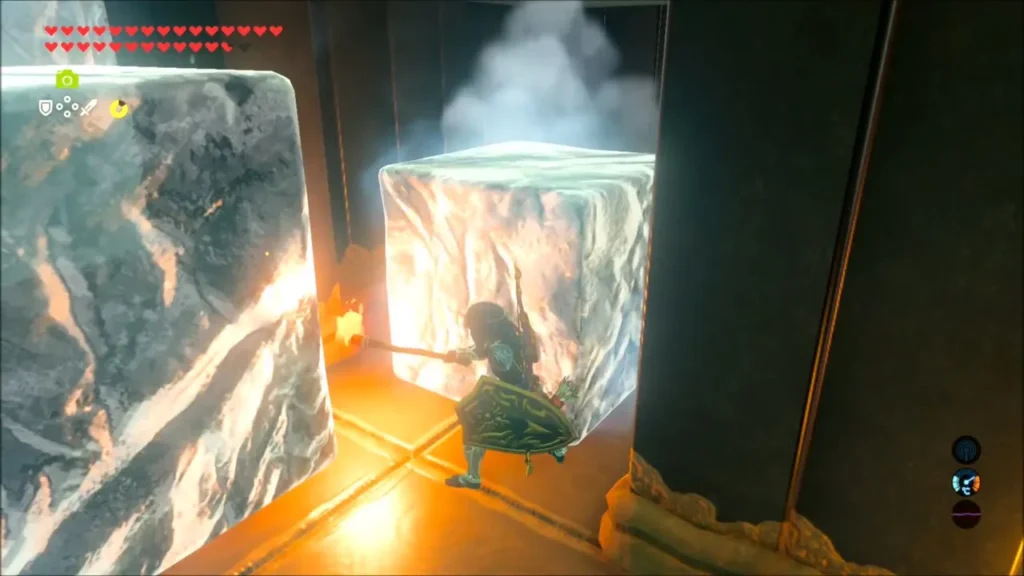 Link burning a melting ice block with a torch in the alcove entrance Link burning a melting ice block with a torch in the alcove entrance