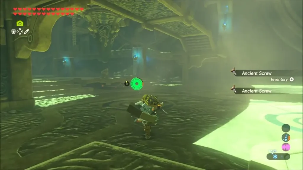 Link picking up two Ancient Screws in a labyrinth room Link picking up two Ancient Screws in a labyrinth room