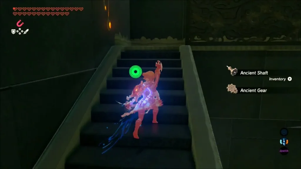 Link on a staircase holding up an Ancient Shaft and Ancient Gear dropped by a Scout Link on a staircase holding up an Ancient Shaft and Ancient Gear dropped by a Scout
