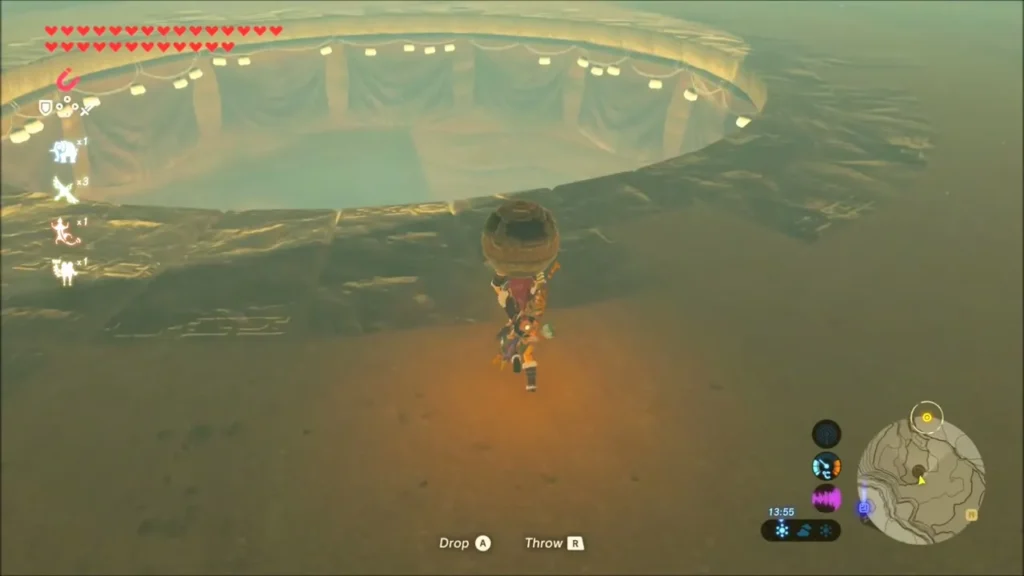 Link carrying the orb up to the edge of the pit Link carrying the orb up to the edge of the pit