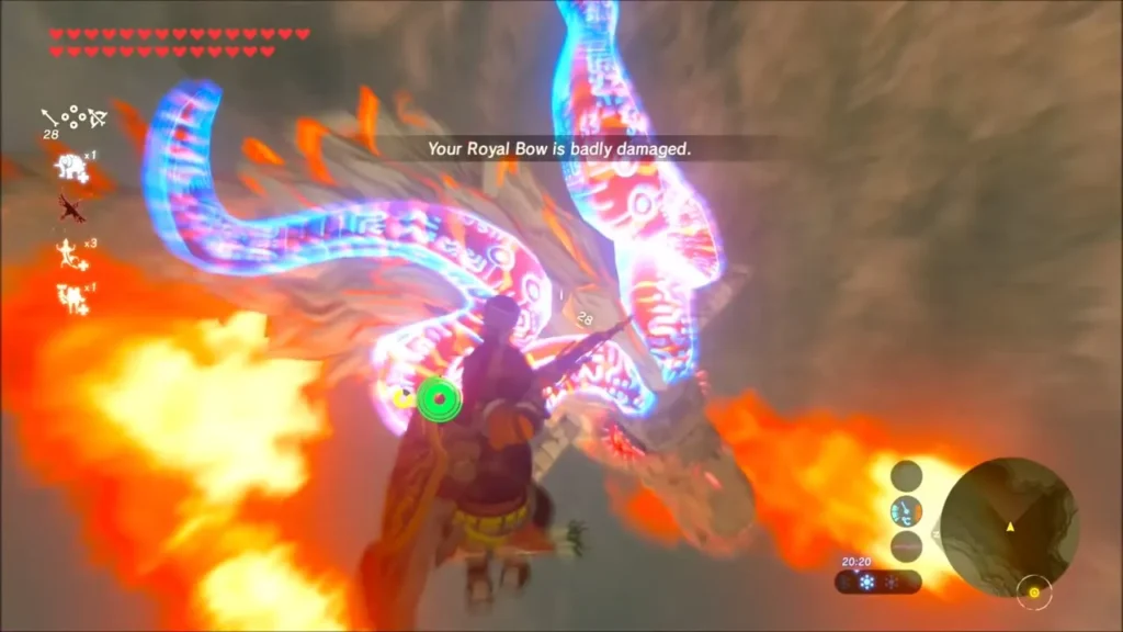 Link shooting a slowed arrow at Dinraal amid flames Link shooting a slowed arrow at Dinraal amid flames