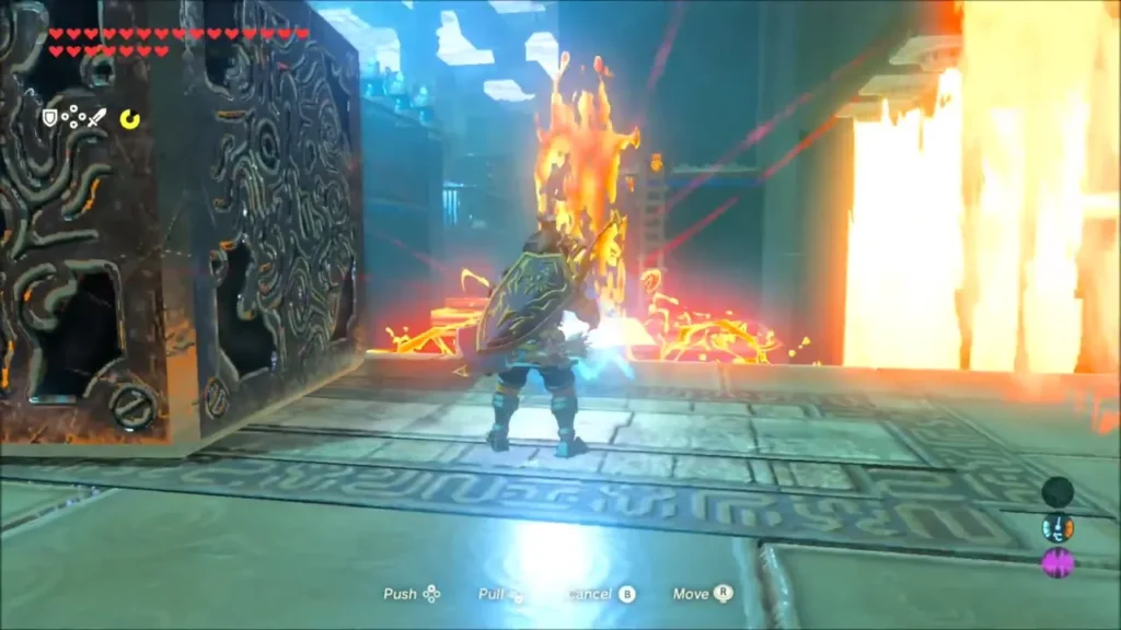 Link beside a metal block, shielding himself from a fire jet Link beside a metal block, shielding himself from a fire jet