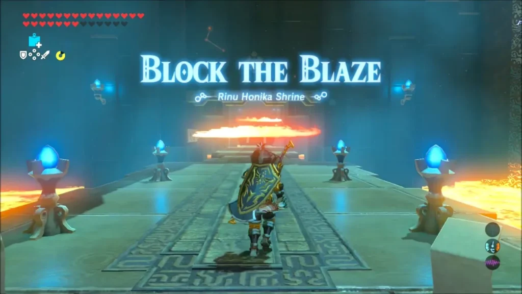 Link entering the shrine hall as the Block the Blaze title appears over a fire jet Link entering the shrine hall as the Block the Blaze title appears over a fire jet