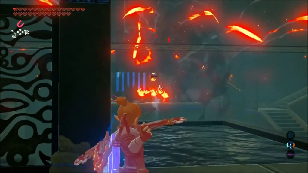 Link aiming a bow past cover as a bomb arrow explodes on a Guardian Scout Link aiming a bow past cover as a bomb arrow explodes on a Guardian Scout
