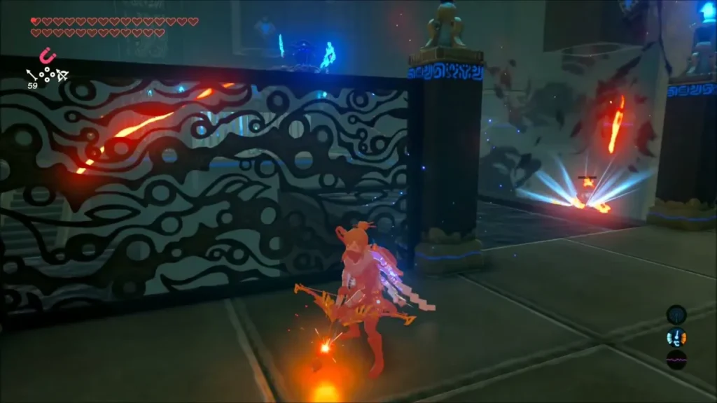 Link behind a lattice wall drawing a bomb arrow while a Guardian Scout aims from across the room Link behind a lattice wall drawing a bomb arrow while a Guardian Scout aims from across the room