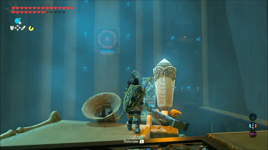 Link beside the loaded cannon with the Detonate prompt and the target ahead Link beside the loaded cannon with the Detonate prompt and the target ahead