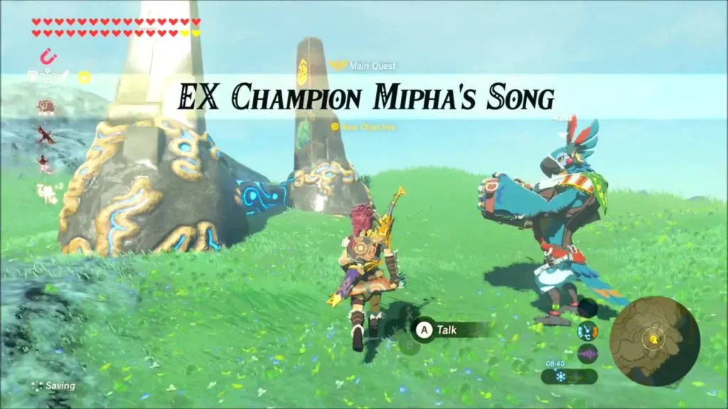 Champion Mipha's Song quest title over Link and Kass at the monument Champion Mipha's Song quest title over Link and Kass at the monument