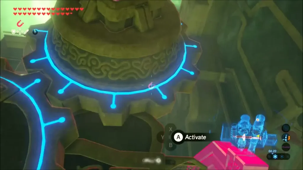 Link about to activate a glowing circular gear mechanism Link about to activate a glowing circular gear mechanism