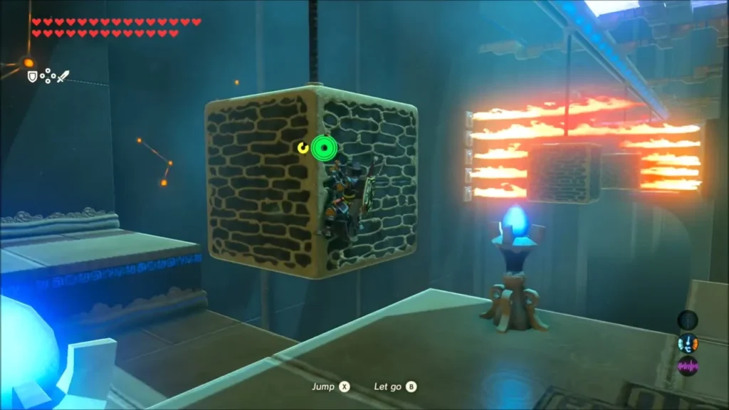 Link clinging to a stone block beside a wall of flame jets Link clinging to a stone block beside a wall of flame jets