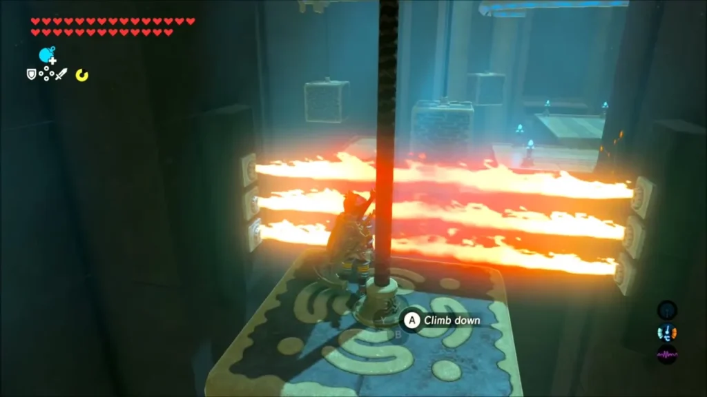 Link standing atop a block while flames burn on both sides Link standing atop a block while flames burn on both sides