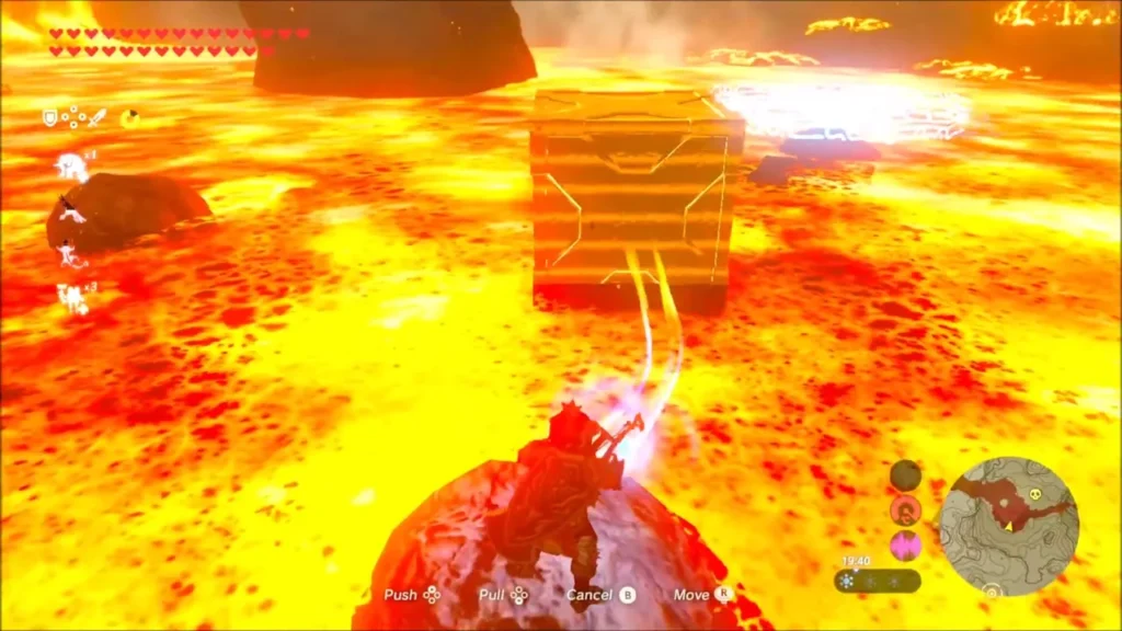 Link on a rock in the lava as the magnetized crate floats toward the ring of light Link on a rock in the lava as the magnetized crate floats toward the ring of light