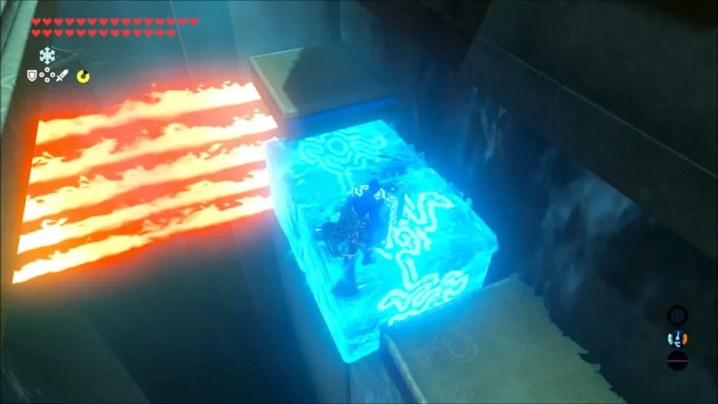 Link standing on a Cryonis ice platform next to flames Link standing on a Cryonis ice platform next to flames