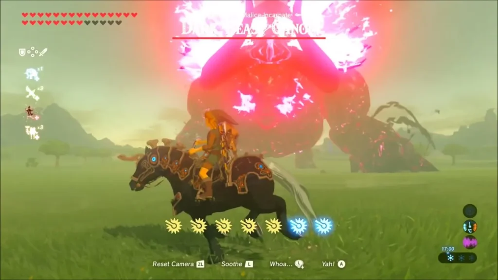 Link on horseback charging Dark Beast Ganon across the field Link on horseback charging Dark Beast Ganon across the field