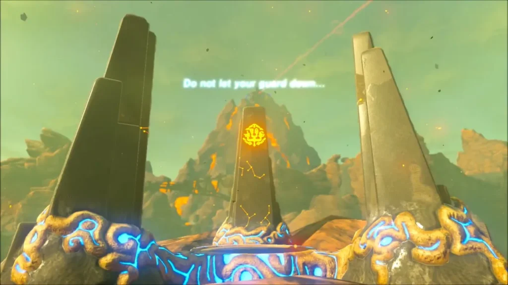 Three stone obelisks on a Death Mountain cliff, the middle one glowing orange Three stone obelisks on a Death Mountain cliff, the middle one glowing orange