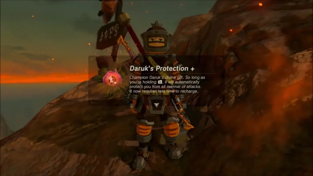 Link holding up Daruk's Protection + with its item description Link holding up Daruk's Protection + with its item description
