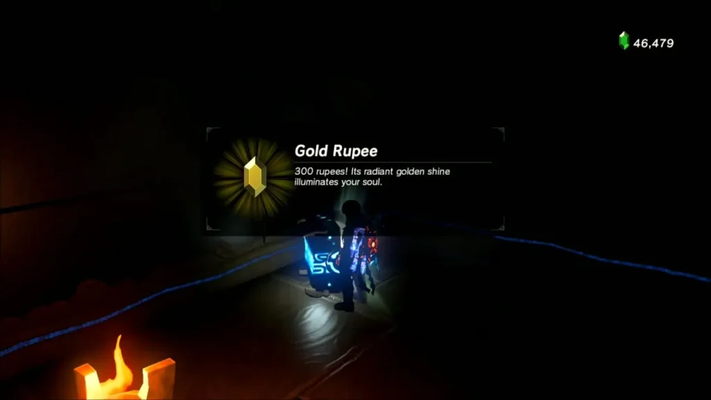 Link opening a chest and receiving a 300-rupee Gold Rupee Link opening a chest and receiving a 300-rupee Gold Rupee