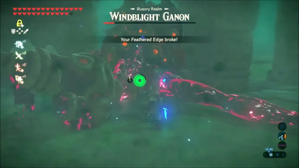 Link in melee with Windblight Ganon as a message says the Feathered Edge broke Link in melee with Windblight Ganon as a message says the Feathered Edge broke
