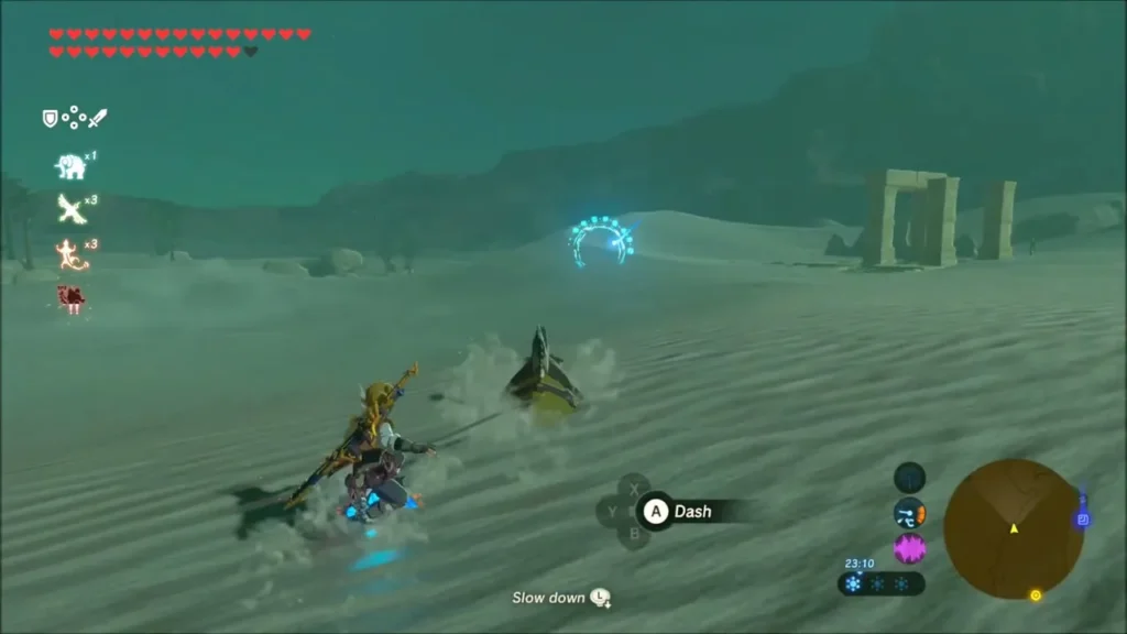 Link riding a sand seal toward a glowing ring near ruins Link riding a sand seal toward a glowing ring near ruins