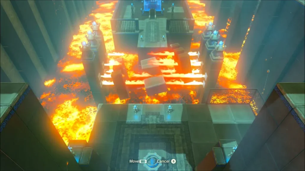 Metal blocks drifting over lava between flame jets in the Rudania flame hall Metal blocks drifting over lava between flame jets in the Rudania flame hall