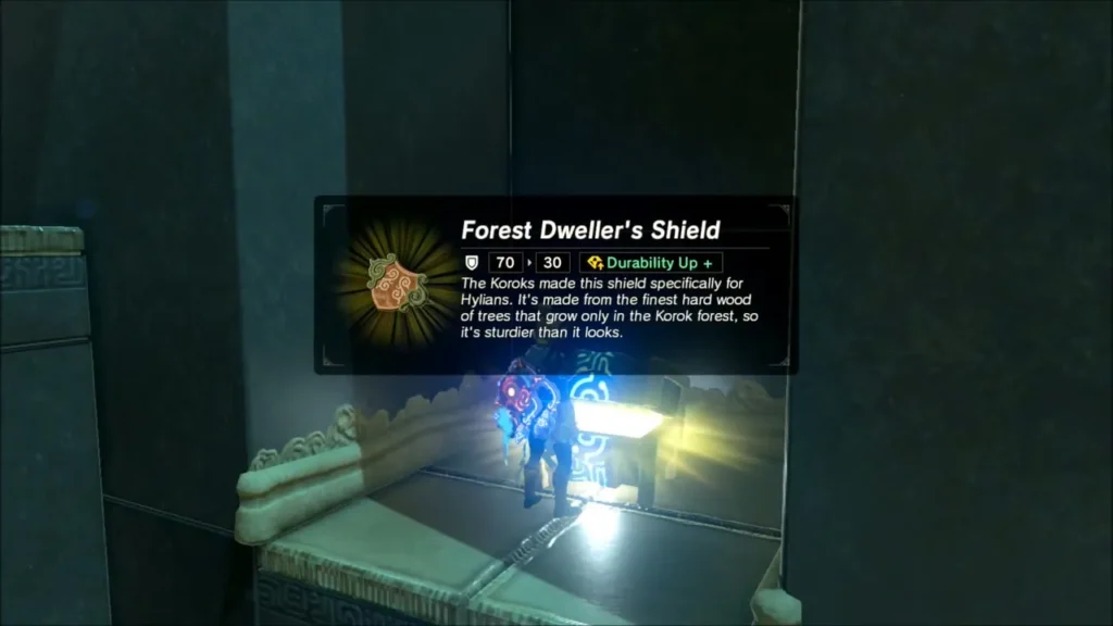Link opening a chest, Forest Dweller's Shield description shown Link opening a chest, Forest Dweller's Shield description shown