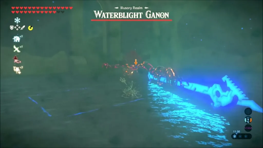 Waterblight Ganon sweeping a glowing trident across the water as its health bar appears Waterblight Ganon sweeping a glowing trident across the water as its health bar appears