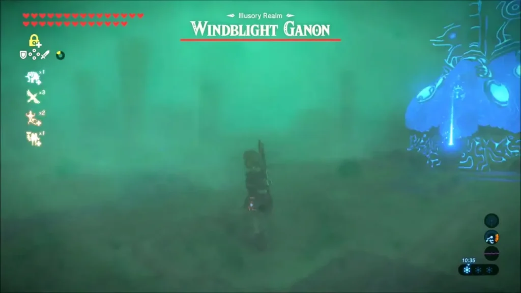 Link standing in the green haze of the Illusory Realm with the Windblight Ganon health bar Link standing in the green haze of the Illusory Realm with the Windblight Ganon health bar