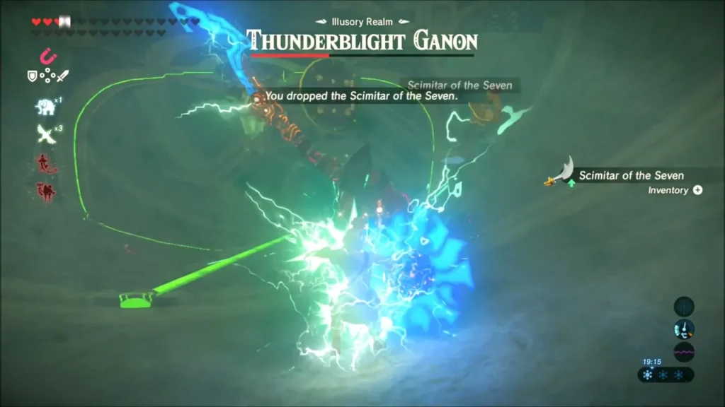 Thunderblight Ganon electrocuted by lightning as Link drops the scimitar Thunderblight Ganon electrocuted by lightning as Link drops the scimitar