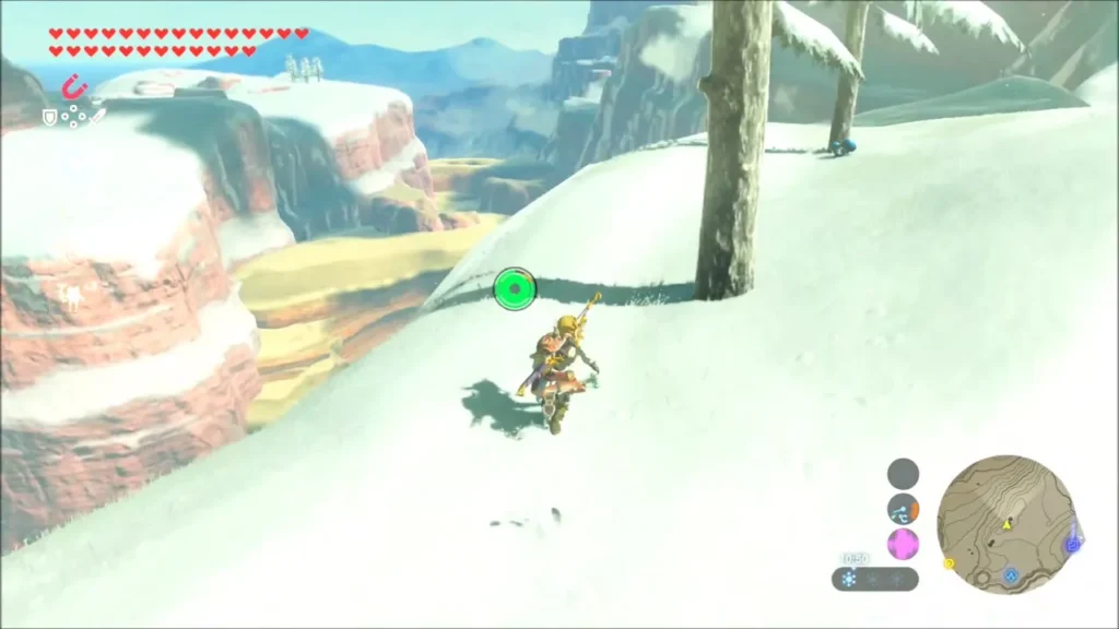 Link running across a snowy slope in the Gerudo Highlands Link running across a snowy slope in the Gerudo Highlands