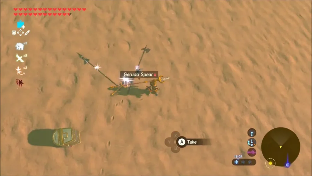 A Gerudo Spear dropped on the sand by the defeated Molduking A Gerudo Spear dropped on the sand by the defeated Molduking