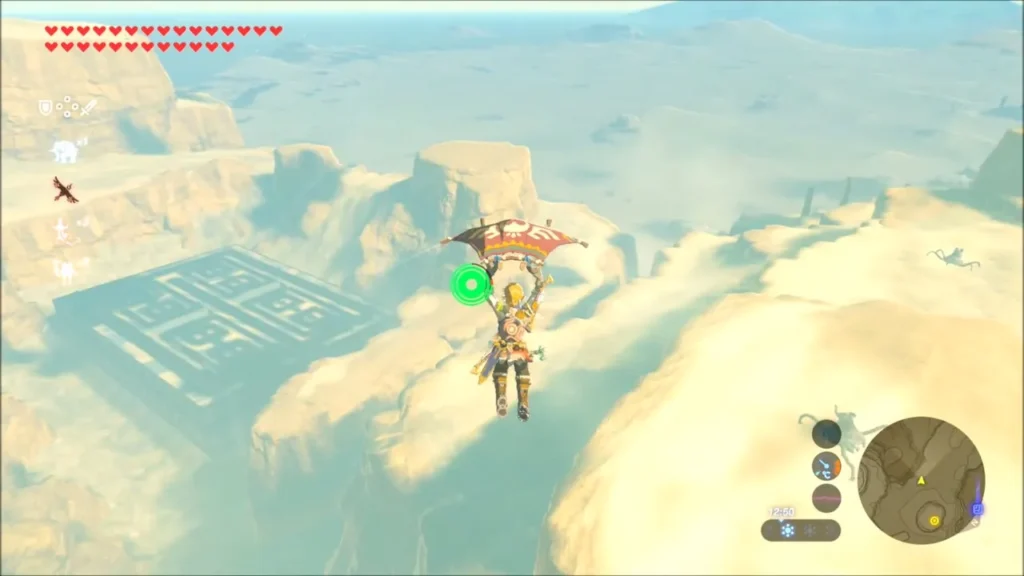Link gliding over a sandstone mesa toward the desert Link gliding over a sandstone mesa toward the desert