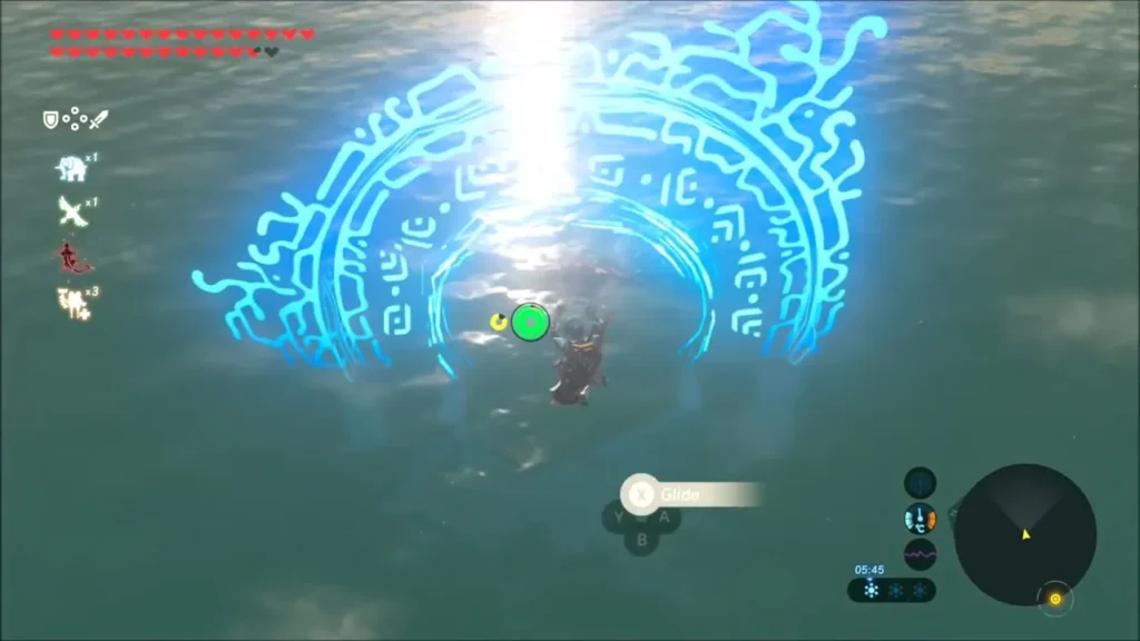 Link gliding down through the faint blue ring over the water Link gliding down through the faint blue ring over the water