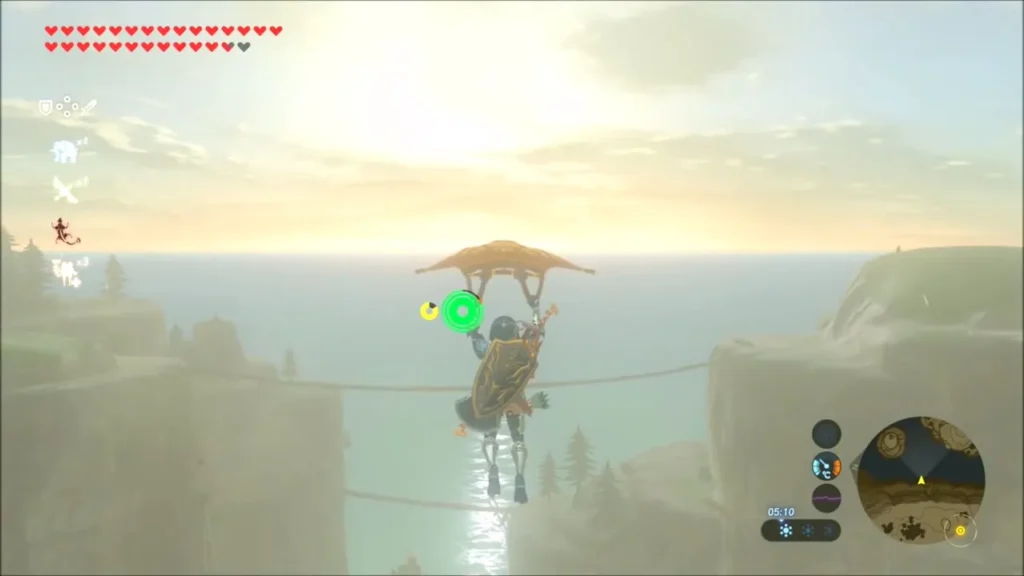Link gliding off the cliffs toward the rising sun over the sea Link gliding off the cliffs toward the rising sun over the sea