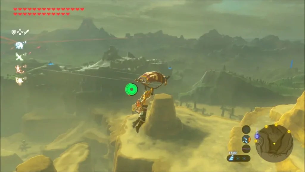 Link gliding over the desert cliffs toward the mesa Link gliding over the desert cliffs toward the mesa