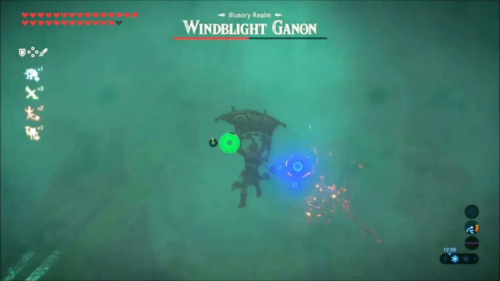 Link gliding with the paraglider through green mist near Windblight Ganon Link gliding with the paraglider through green mist near Windblight Ganon