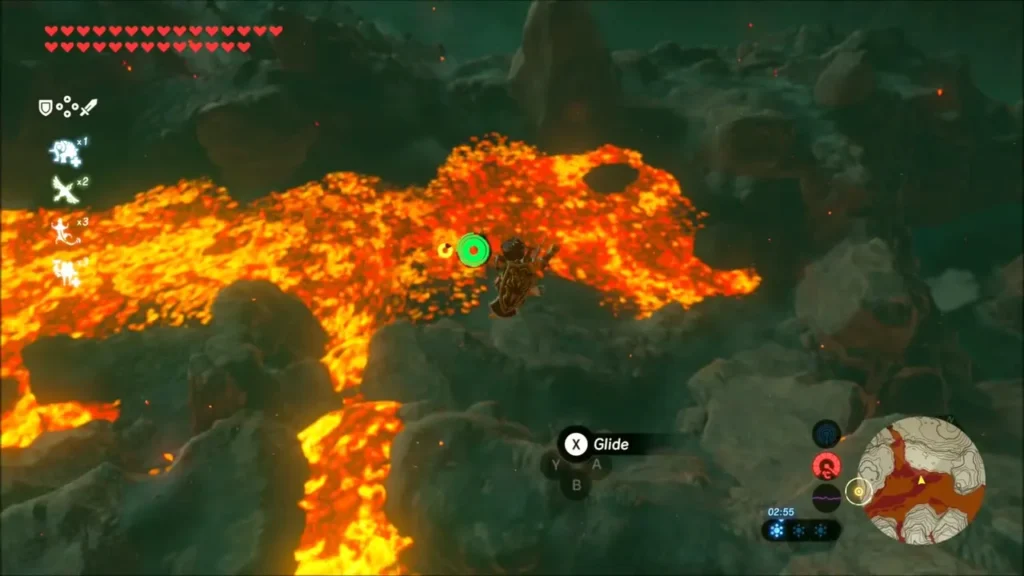 Link gliding over glowing lava on the slopes of Death Mountain Link gliding over glowing lava on the slopes of Death Mountain