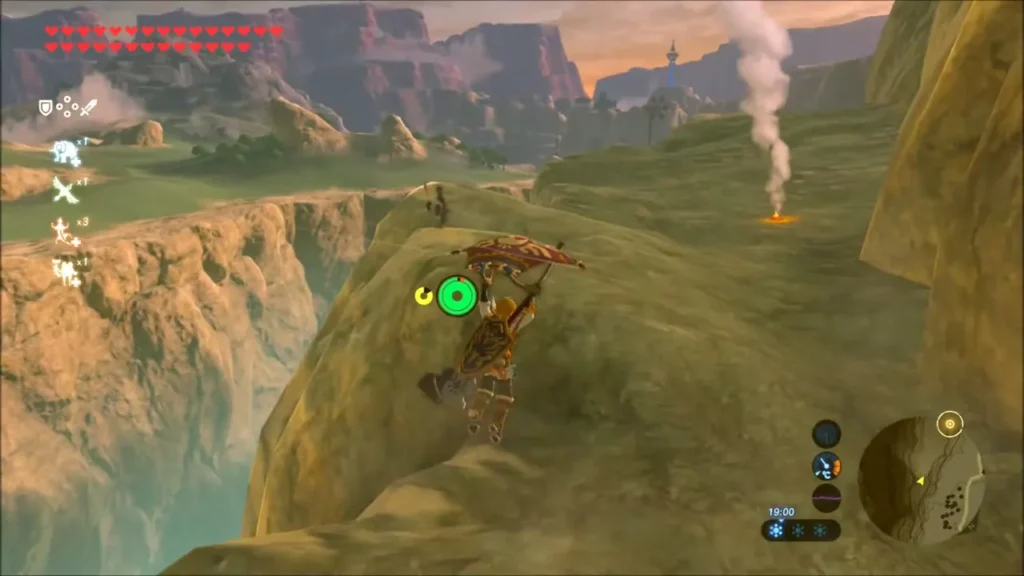 Link gliding onto a ledge above Tanagar Canyon at dusk Link gliding onto a ledge above Tanagar Canyon at dusk
