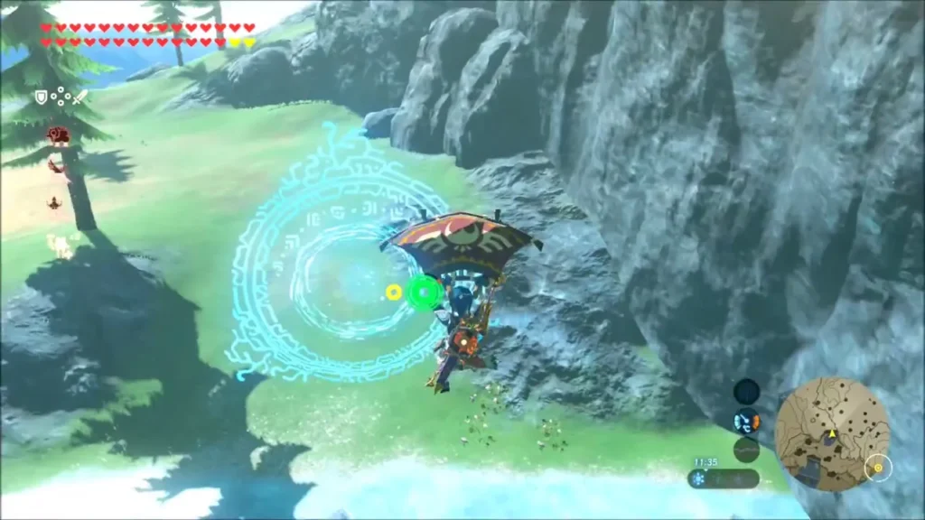 Link gliding through a glowing ring beside the cliff Link gliding through a glowing ring beside the cliff