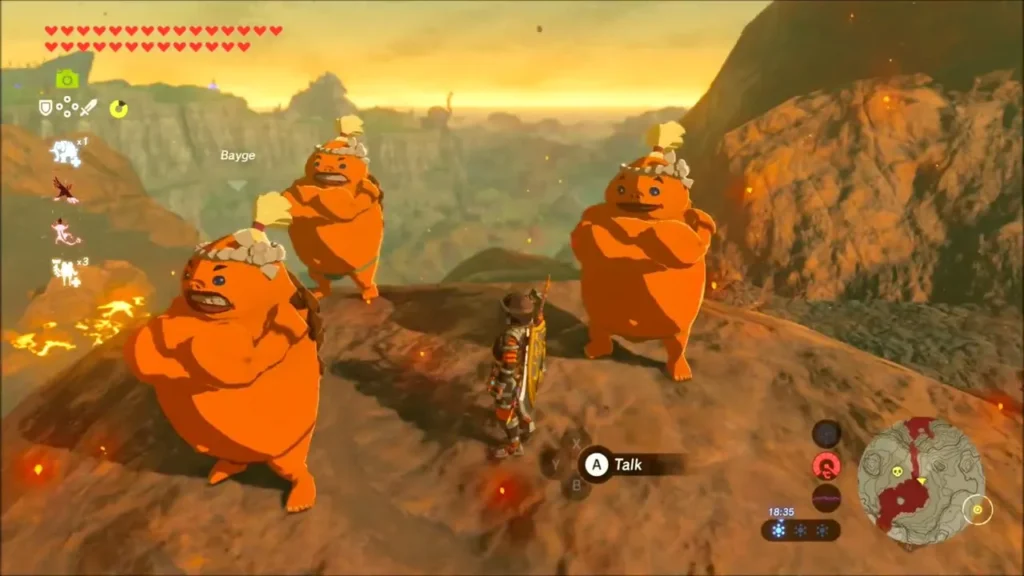 Link meeting three Gorons on a ridge beside the lava pond Link meeting three Gorons on a ridge beside the lava pond