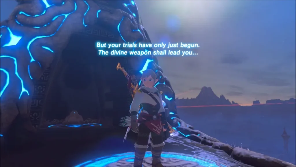 Link before the glowing Sheikah monument as it speaks of the trials ahead Link before the glowing Sheikah monument as it speaks of the trials ahead