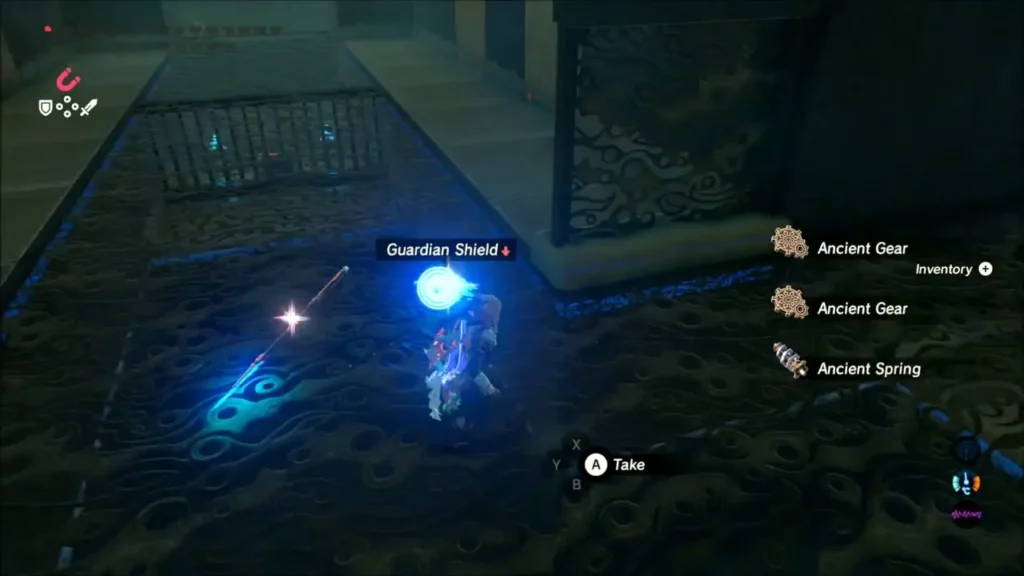 Link picking up a Guardian Shield and Ancient Gear and Spring parts on the catwalk Link picking up a Guardian Shield and Ancient Gear and Spring parts on the catwalk