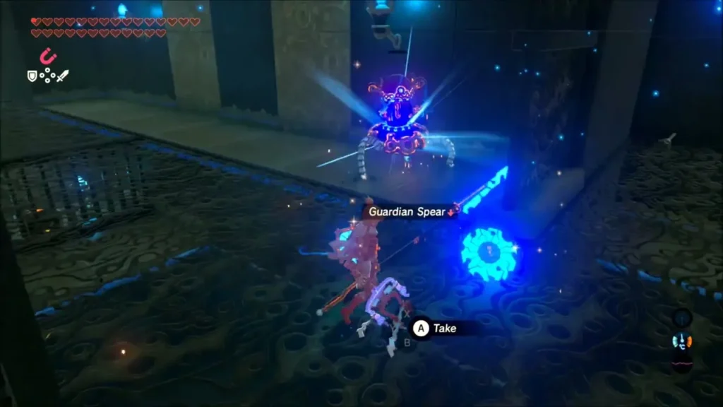 Link on the catwalk with a small Guardian nearby and a dropped Guardian Spear to take Link on the catwalk with a small Guardian nearby and a dropped Guardian Spear to take