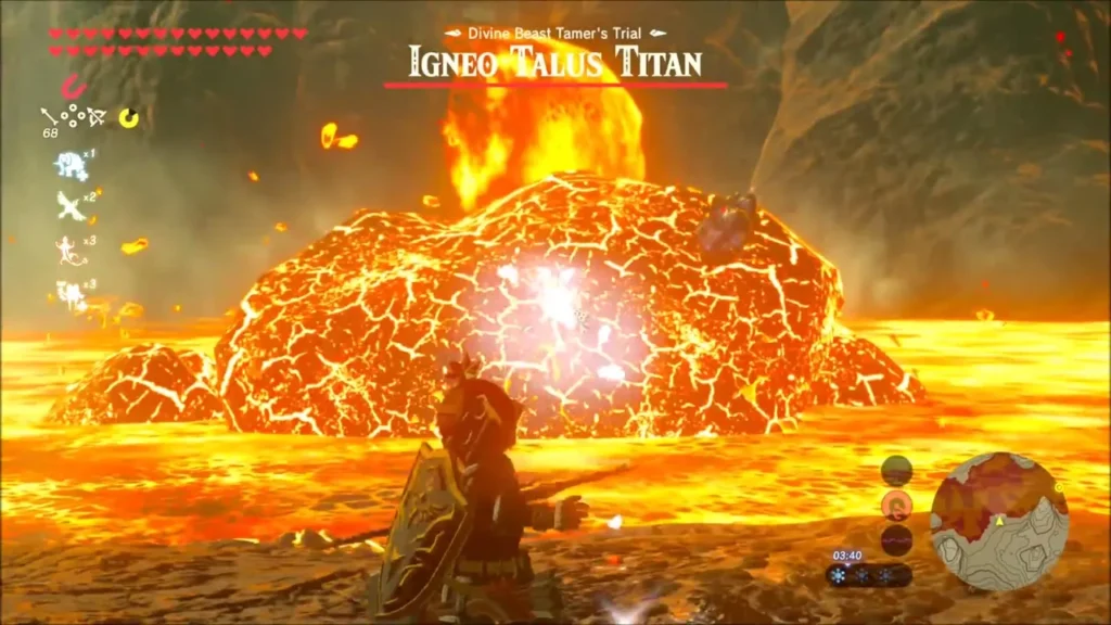 Igneo Talus Titan rising from the lava with its health bar Igneo Talus Titan rising from the lava with its health bar