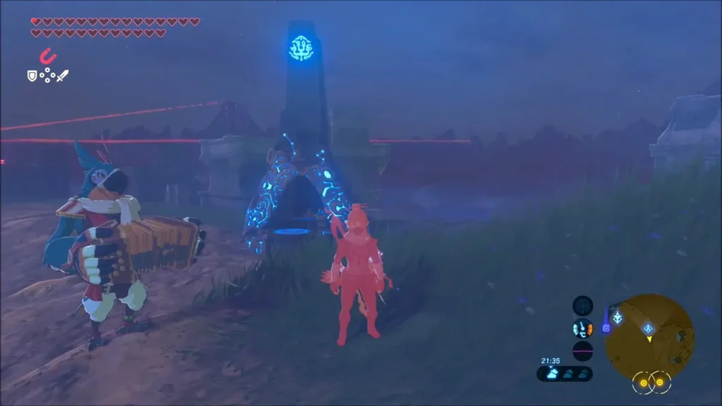 Kass and Link standing beside a Sheikah shrine at night Kass and Link standing beside a Sheikah shrine at night