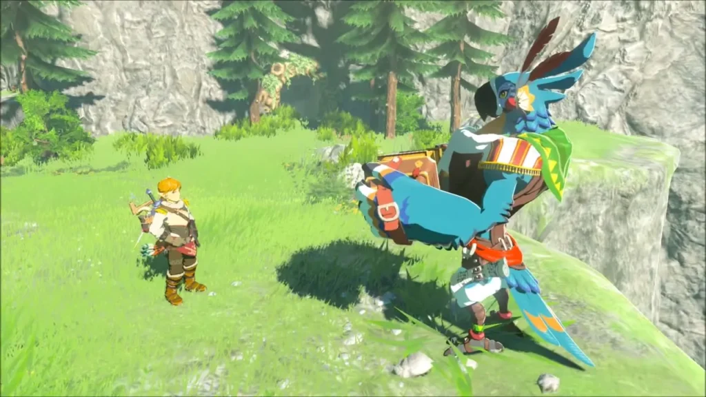 Kass standing on a grassy slope near Link with his accordion Kass standing on a grassy slope near Link with his accordion