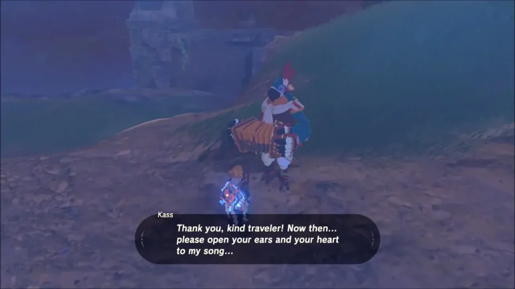 Kass inviting Link to listen to his song beside a hillside Kass inviting Link to listen to his song beside a hillside