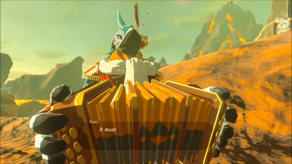 Kass the Rito musician playing his accordion on the lava-country cliff Kass the Rito musician playing his accordion on the lava-country cliff